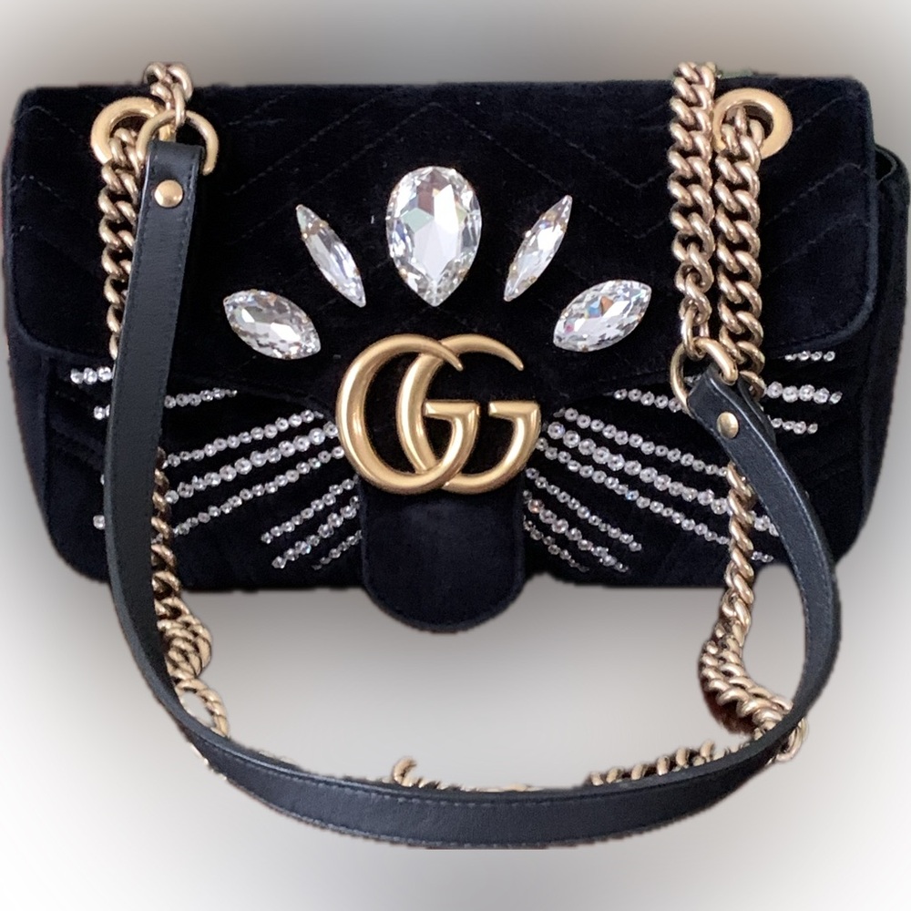 Gucci GG Marmont Crystal Embellished Matelasse Velvet Bag
